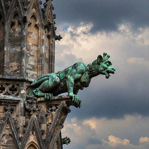 Photograph of a detailed, green patina gargoyle with a snarling expression, perched on a Gothic-style stone cathedral against a dramatic