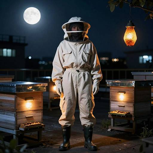 Nocturnal Rooftop Beekeeper with Lanterns