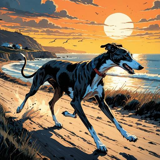 Greyhound Sprinting on Coastal Trail at Sunset