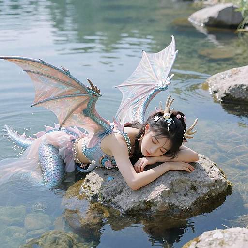 Digital artwork of a serene mermaid with blue scales, dragon wings, and floral hairpiece, resting on a rock in a clear, sunlit stream
