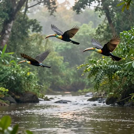 Toucans Flying Over Rainforest River