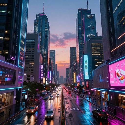 Neon-lit urban street at dusk, rainy cityscape with reflective roads, towering skyscrapers, vibrant digital billboards, and colorful sunset sky