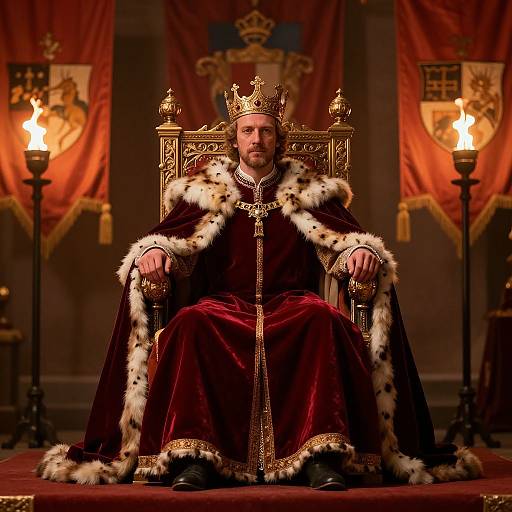 Photograph of a bearded, serious king with a golden crown, wearing a red velvet robe with white fur trim, seated on an ornate throne