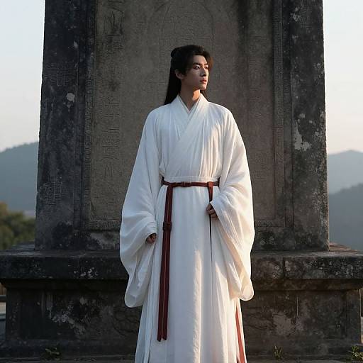 Serene Figure by Ancient Stone Wall