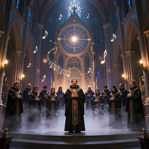 Photograph of a group of clergy in black robes, standing in a misty, ornate cathedral with musical notes and a glowing circular design above the