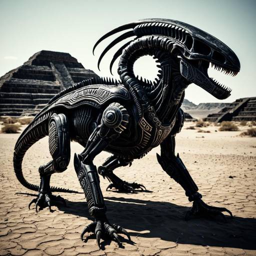 Biomechanical Avian Xenomorph with Tribal Patterns in Desert