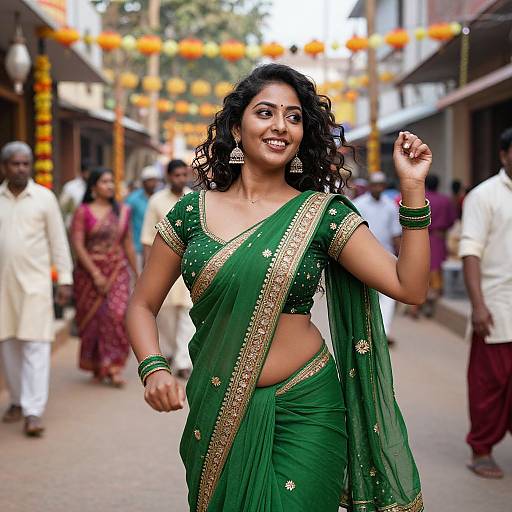 Photograph of a smiling Indian woman with curly black hair, wearing a green saree with gold embroidery, standing in a festive street with colorful decorations.