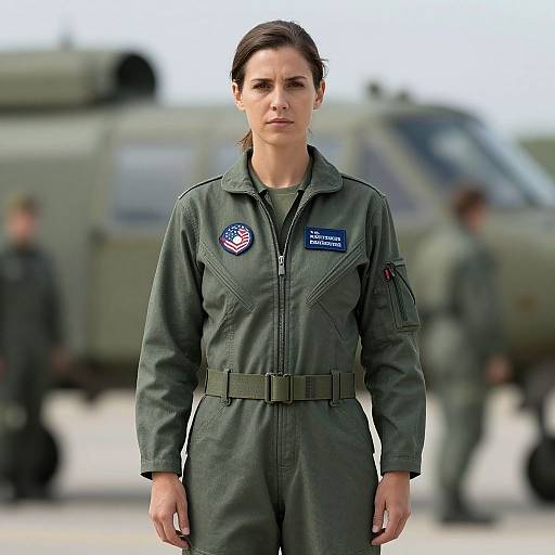Photograph of a serious-looking woman in a green military jumpsuit with patches, standing in front of a blurred military vehicle.