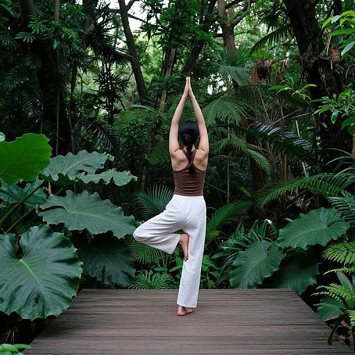 Photograph of a woman with black hair in a brown tank top and white pants, performing a tree pose on a wooden deck surrounded by lush, green