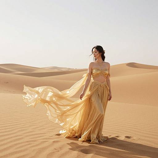 Photograph of a woman in a flowing, golden, strapless dress standing in a sunlit, sandy desert with rolling dunes. Her dark hair