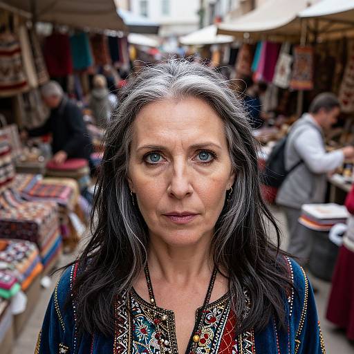 Photograph of a middle-aged woman with long black hair, blue eyes, and intricate embroidered top, standing in a vibrant, busy market stall.
