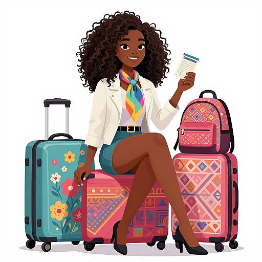Digital illustration of a smiling, dark-skinned woman with curly hair, wearing a white blouse, colorful scarf, and blue shorts, sitting between colorful,