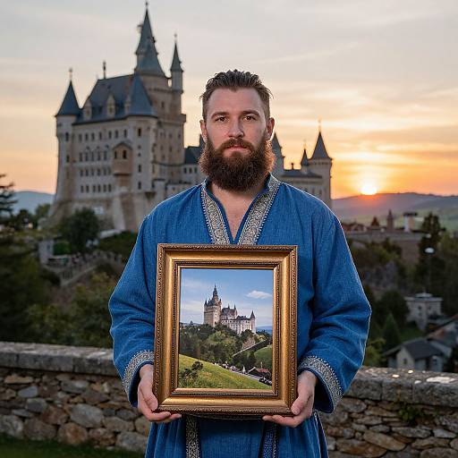 Bearded man in blue robe holds framed castle painting, majestic castle and sunset background, stone wall in foreground, photograph.