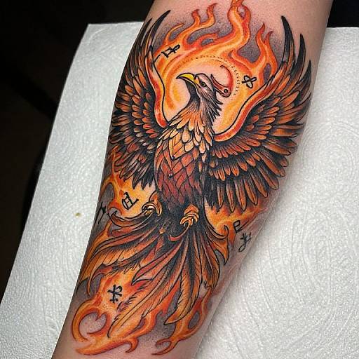 Vibrant tattoo of a fiery phoenix with black wings, orange and red flames, and black crosses on a white towel.