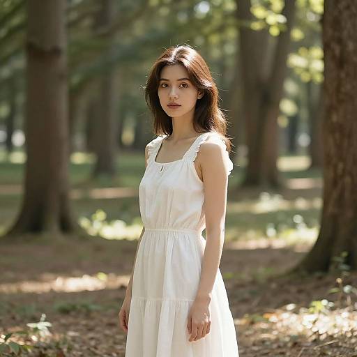 Photograph of a young woman with long brown hair, wearing a white sleeveless dress, standing in a sunlit forest.