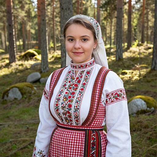 Photograph of a young woman in traditional Polish folk dress with floral embroidery, red checkered apron, and white headscarf, standing in a