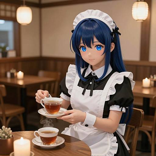 Anime Style Maid Serving Tea in Cozy Cafe
