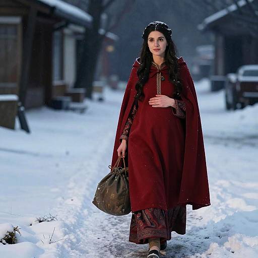 Photograph of a young woman with long black hair, wearing a maroon traditional long gown and cloak, carrying a brown bag, walking through a snowy