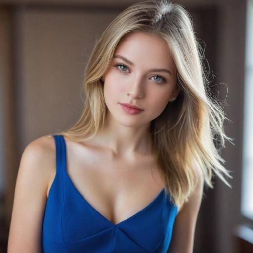 Blonde Woman in Blue Dress Indoors
