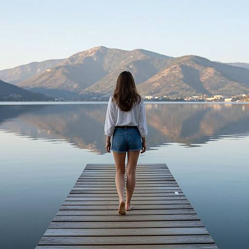 Photograph of a woman with long brown hair, white blouse, and blue denim shorts walking barefoot on a wooden dock, facing calm lake with reflective