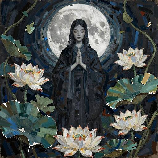 Moonlit Priestess Amid Lotus Ritual