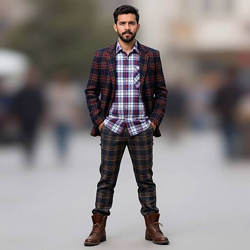 Photograph of a bearded man with dark hair, standing confidently in a plaid suit, white plaid shirt, and brown boots, blurred urban
