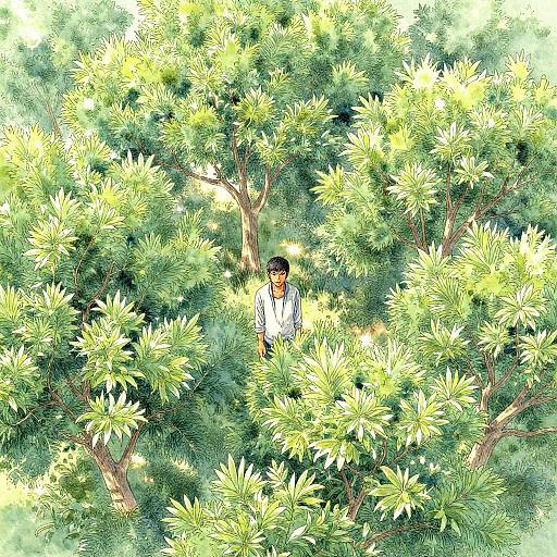 Digital anime-style drawing of a young man with short black hair, wearing a white shirt, peering through a dense, sunlit green tree canopy.