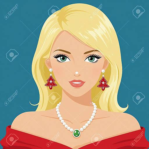 Digital illustration of a blonde woman with green eyes, wearing red off-shoulder top, white bead necklace, green gem, and red triangular earrings,