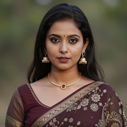 Photograph of a young Indian woman with dark hair, brown eyes, wearing a maroon saree with gold embroidery, gold jewelry, and a red