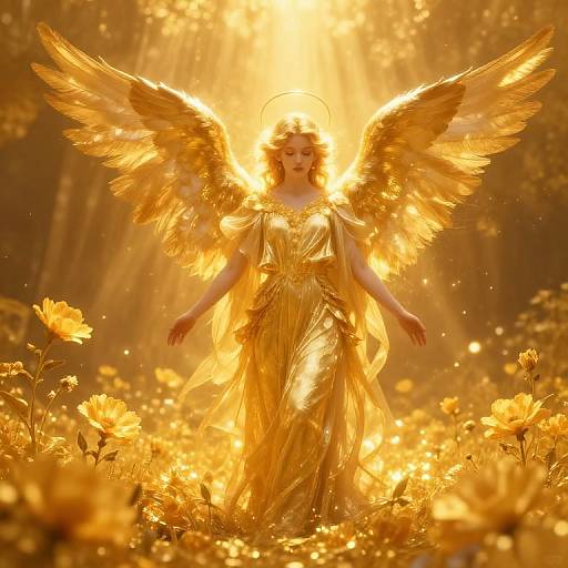 Golden angel in a radiant, flowing dress with large, glowing wings stands amidst a field of sunflowers, bathed in ethereal sunlight. Digital artwork