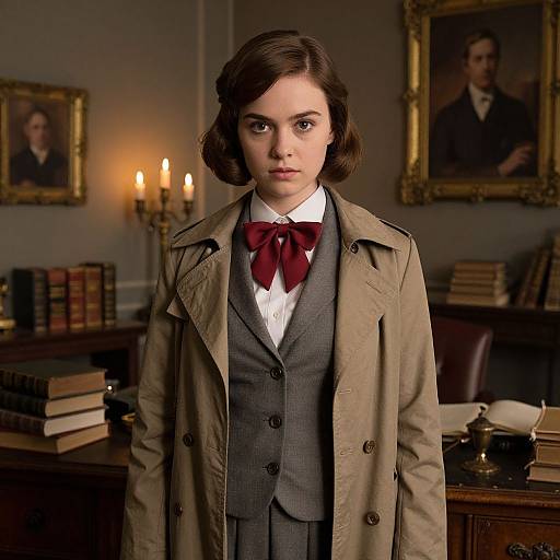 Photograph of a young woman with short brown hair, wearing a gray suit, white shirt, red bow tie, and beige coat, standing in a