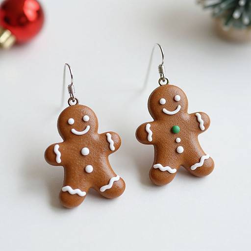 Photograph of two gingerbread cookie-shaped earrings with white icing details, one with a green dot, on a white surface. Background includes blurred red ornament