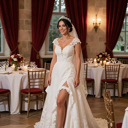 Photograph of a smiling bride in a white lace wedding gown with a thigh-high slit, tiara, and veil, standing in an elegant, warmly