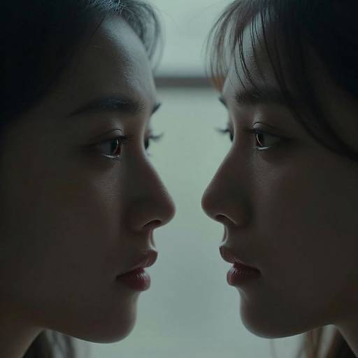 Photograph of two women in a close, intimate profile view, facing each other with serious expressions, dimly lit, against a blurred background.