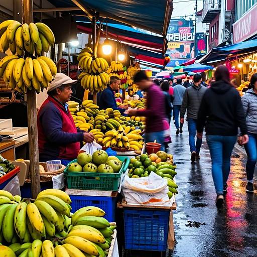 Vibrant photograph of a bustling outdoor market with banana vendors, hanging bunches, colorful stalls, and blurred pedestrians on a rainy street.