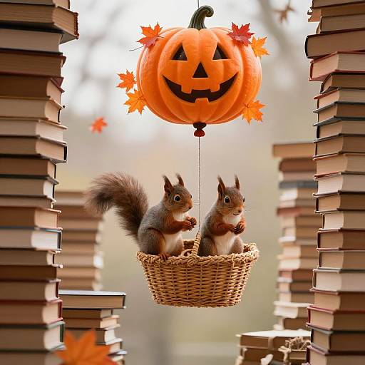 Whimsical Squirrels in Balloon Basket