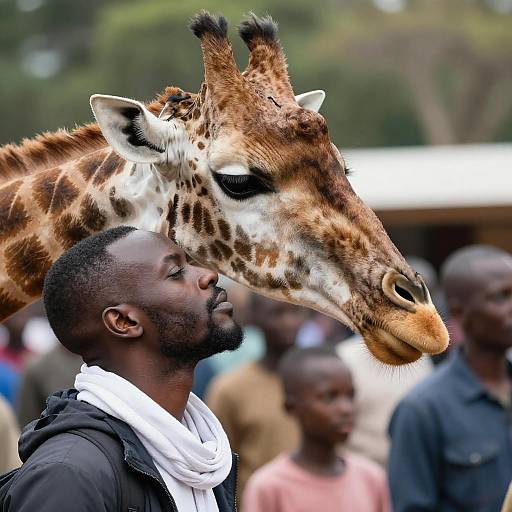 Giraffe Nuzzles Man in Nature Setting