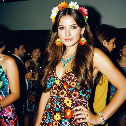 Woman in colorful groovy dress with flower accessories