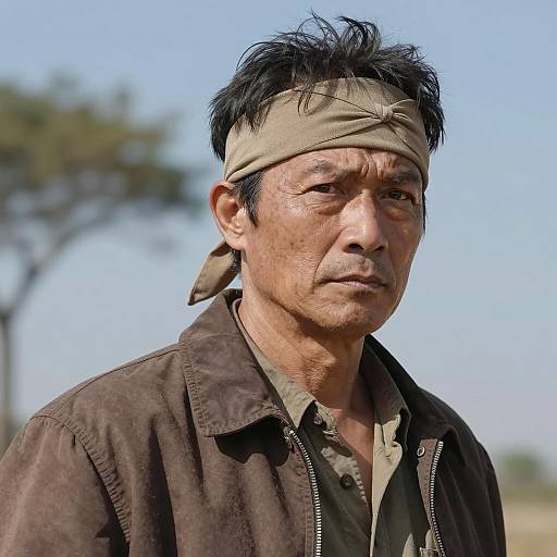 Serious Middle-Aged Man with Headband Outdoors