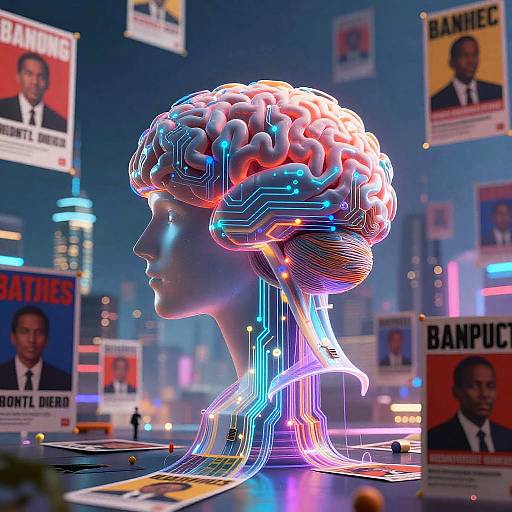 Digital artwork of a neon-lit, cybernetic female head with glowing circuits, set against a cityscape with colorful political posters.