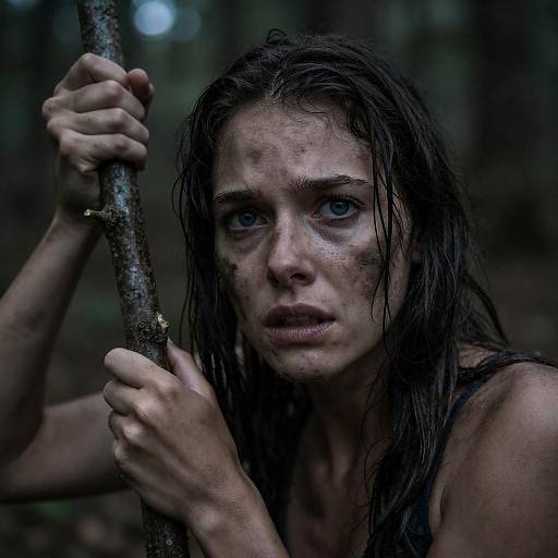 Distressed Woman Holding Branch in Forest