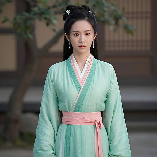 Photograph of a young East Asian woman with fair skin, black hair in a bun, wearing a light green hanbok with pink sash,