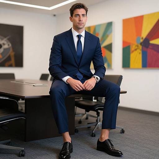 Photograph of a handsome, dark-haired man in a navy suit, white shirt, and black tie, sitting on an office desk, with colorful abstract