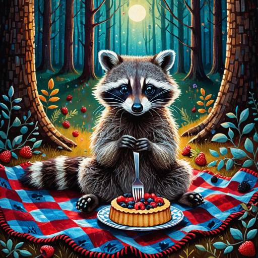 Whimsical Raccoon in Enchanted Forest with Berry Tart
