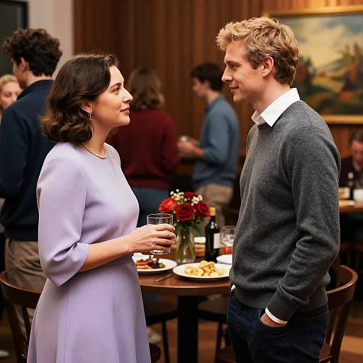 Photograph of a smiling couple in a dimly lit, wood-paneled room. The woman in a lilac dress holds a glass, while the