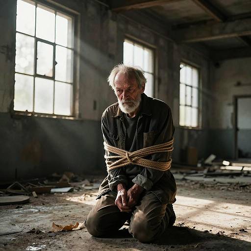 Photograph of an elderly, bearded man with gray hair, bound with rope, kneeling in a sunlit, dilapidated, abandoned building.