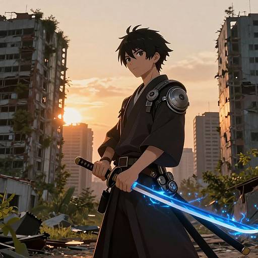Anime-style drawing of a black-haired male warrior holding a glowing blue sword, standing in a ruined, sunlit urban landscape.