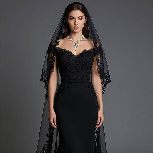Photograph of a young woman with fair skin and dark hair, wearing a black lace off-shoulder gown and veil, silver necklace, standing against