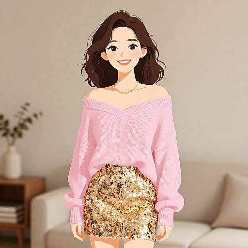 Digital illustration of a smiling woman with wavy dark brown hair, wearing a pink off-shoulder sweater and a gold sequin skirt, standing in