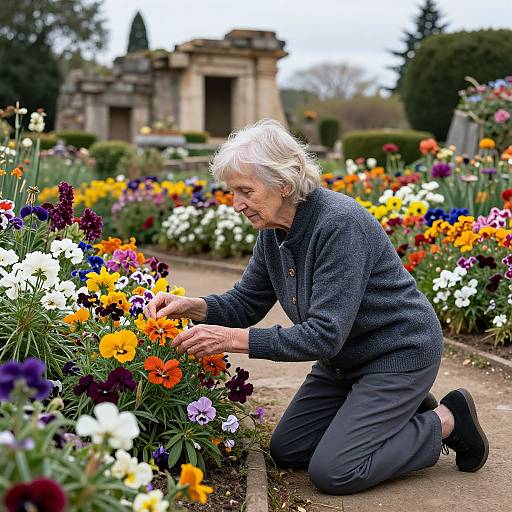 Photograph of elderly woman with white hair, wearing gray sweater and pants, kneeling in vibrant flower garden, tending to colorful blooms. Stone monument in